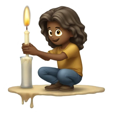 Squatting boy with long hair pouring alcohol in a candle sticker