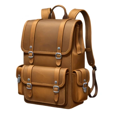 A sturdy, weathered leather backpack with metal-reinforced flaps and deep, practical pockets. Scratched and rugged from long travel, it has a solid, utilitarian look—built for harsh roads and hard use. sticker