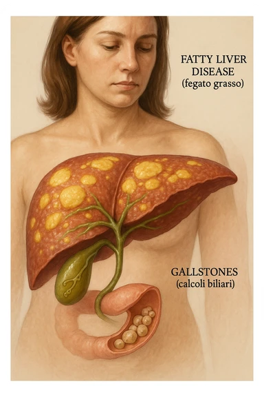 donna con fegato grasso immagine realistica e usa oli vegetali formando anche calcoli biliari sticker