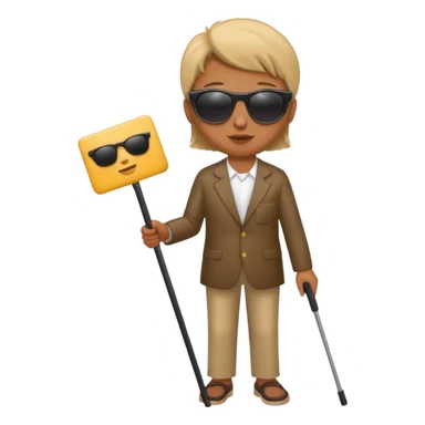 A blind person wearing sunglasses and holding a guide cane sticker