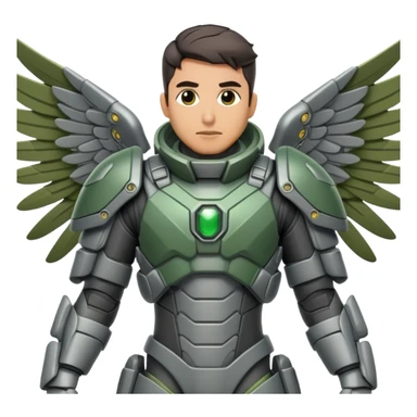 Danny ramirez wear a detailed grey and green tactical suit.
Large, articulated mechanical wings are spread wide. sticker