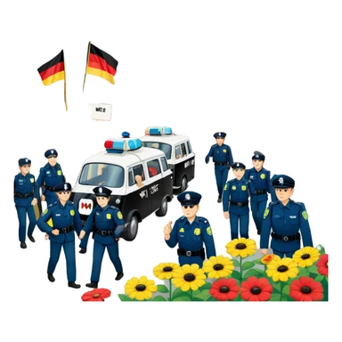 West German protest scene, 1968, young people with colorful protest signs saying 'Make Love Not War' and 'Mehr Demokratie wagen', BRD flag, flowers, police in background, lively mood sticker