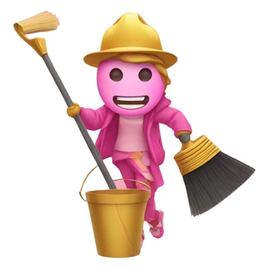 An illustration of an emoji holding a broom, bucket and taking a selfie, in pink and gold colors. sticker
