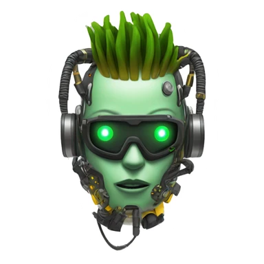 Green skin cyborg head with dark yellow Mohawk, white respirator mask and circuitry sticker