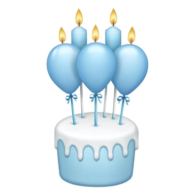 Please make some balloons that are light blue, and place a small cake underneath them. Make the balloons long and make more balloons. sticker
