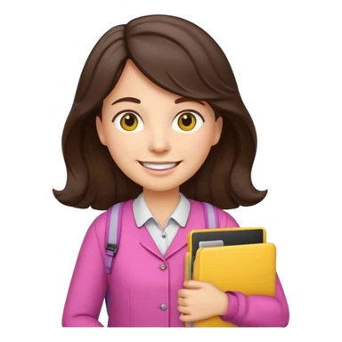 Teacher emoji but : wavy dark brown hair, light western skin, no glasses, dark eyes, with a computer folder in the hand (color is yellow), being a teacher, wearing pink backpack, smile with teeth





 sticker
