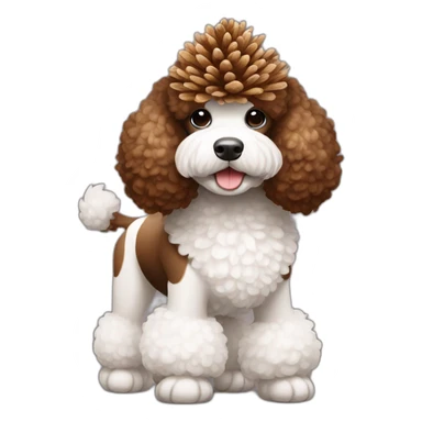 brown and white poodle standing with pinecone sticker