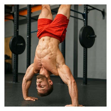 realistic 4K image of a crossfit athlete training handstand push-up exercise, upside down body, prominent shoulder muscles, bright colors, modern gym background sticker