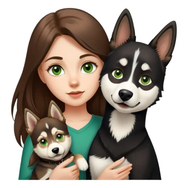 girl with long brown hair green eyes holding one german shepherd and a black and white husky sticker
