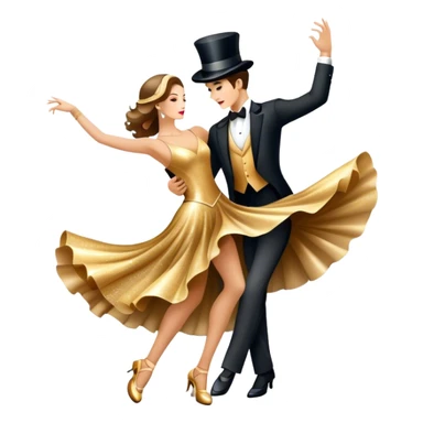Icon for Ballroom Dancing: a pair of elegant dance shoes, a flowing dress, a top hat, and a dance floor spotlight. The icon should represent the elegance and atmosphere of ballroom dance, focusing on the iconic dance elements. Transparent background. sticker