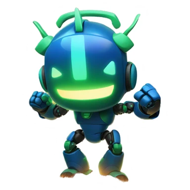 a blue and green robot with bunny ears has a fist in the air, in front of a large fire / flame explosion in the dark
 sticker