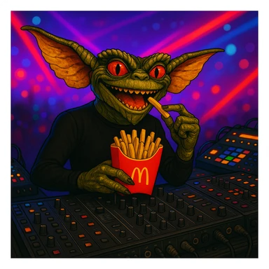 Change the gremlin's see-through mesh top to black, keep the techno party and McDonald's fries theme. sticker