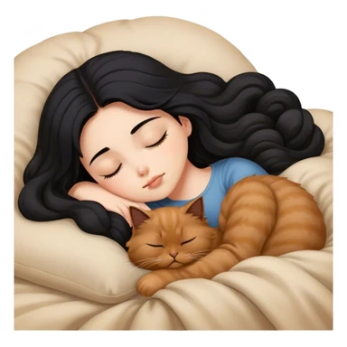 A pretty white girl with very long black hair and sleeping curled up to a brown Persian cat  sticker