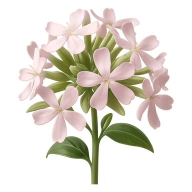 Create 3D iOS-style realistic soapwort (Saponaria) flowers with delicate pale pink petals, green stems and leaves, soft lighting, and a glossy effect. The image should have no background. Render in the style of GPT Image to capture the realistic and detailed look. sticker