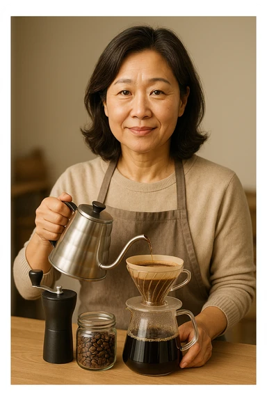 Upper body portrait of a 55-year-old typical Korean woman, specialty coffee enthusiast atmosphere, trustworthy expression emphasizing emotional empathy and information transparency, enjoying a professional coffee experience at home, natural hairstyle and neat clothing, warm and calm color tones, advertising mockup style sticker