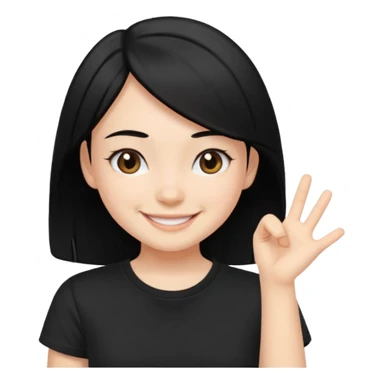 a pretty bratz fair girl with straight black hair, wearing a black tshirt, smiling sticker