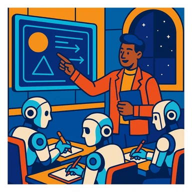 A futuristic classroom scene with a human teacher pointing at a holographic blackboard while androids take notes sticker