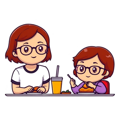 Brünettes Mädchen hellhäutig braune Augen, sitzend am Tisch mit Mama Rote kurze Haare und Brille und braune Augen am Essen  sticker