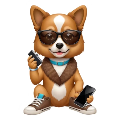 Dog wearing shoes with a phone and sunglasses sticker