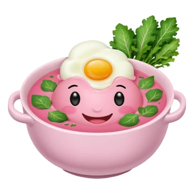 pink soup with egg and greens inside, boiled potatoes by its side, smiling face with blushing cheeks emoticon sticker