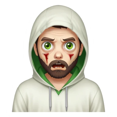 zombie with shocked expression, undercut hairstyle with dark brown hair, short full beard, heterochromia with one green eye and one brown eye, wearing plain white hoodie with hood up sticker