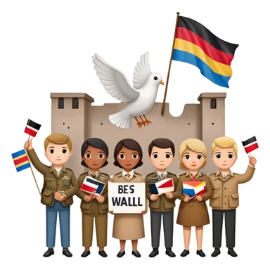 people holding protest signs with the Berlin Wall in the background, peace dove, East and West Germany flags, 1950s and 60s sticker