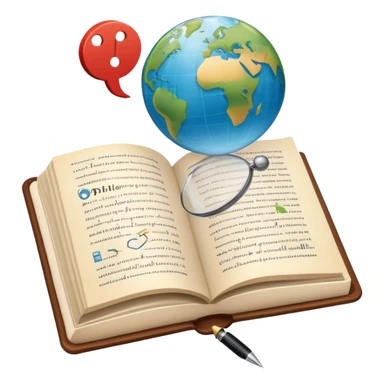 An icon featuring an open book, a speech bubble, and a pen, symbolizing philology and linguistics. The design includes a globe with language characters and grammar symbols, representing the study of languages and literature. Transparent background highlights language analysis. sticker