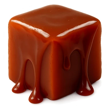realistic cube-shaped caramel toffee piece, glossy, slightly darker caramel, with drops of caramel dripping off, no face, no cartoon or drawn style sticker