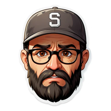 A man with a grey baseball cap, hazel eyes, big dark brown beard and glasses, crying sticker