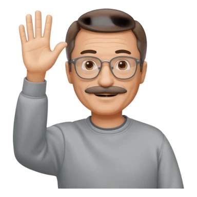 60 yr man partial brown hair parted in center, mustache, light glasses, sweatshirt waving hello sticker