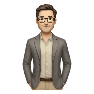 Full height Pale skinned Fit Man With dark brown hair in gray classic jacket, beige office shirt, Brown pants and vintage glasses. Thrumbs of his palms upwards sticker