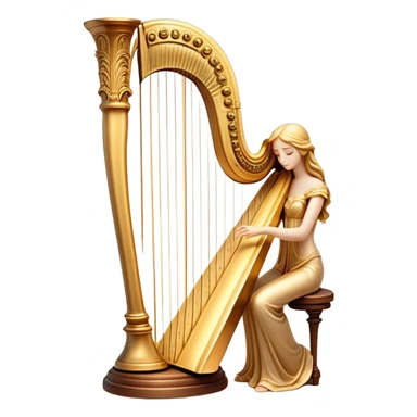 Cinematic Realistic Harp, a grand golden harp with intricately carved details, delicate strings shimmering under soft candlelight, rich wood tones adding warmth, a musician’s gentle fingers plucking a note, glowing with an ethereal and majestic aura. sticker