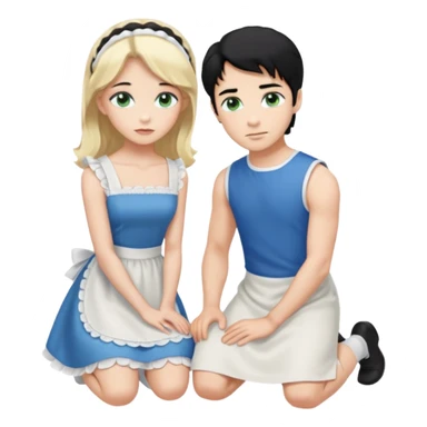 Prince, standing, black hair, blue eyes, and maid, blonde Hair, green eyes, white short sleveless dress, kneeling  sticker