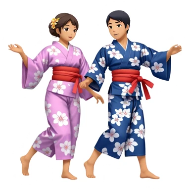 Cinematic Realistic scene of two performers engaging in Bon Odori, dressed in traditional yukata with intricate summer patterns, captured in graceful, rhythmic motion with warm, festive lighting sticker