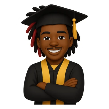 Create a male African American graduate emoji with the hairstyle and features from the reference photo, wearing a graduation cap and gown, arms crossed and smiling. No background. sticker