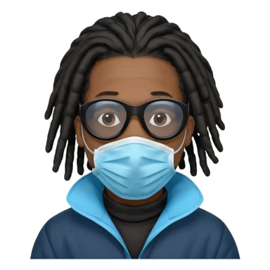 African American man with shoulder length black dreadlocks  wearing black sunglasses wearing a black bubble winter coat wearing a blue hospital mask covering mouth and nose sticker