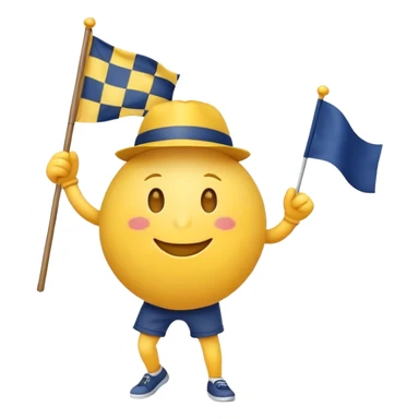I want a yellow circle emoji (not a human emoji) holding a yellow and navy blue checkered flag in both hands, wearing a yellow and navy blue hat, dancing, and smiling. sticker