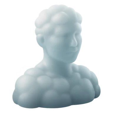 person looking straight, fully made of white fluffy convex clouds, shoulders up, matte glass style sticker