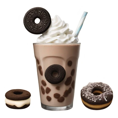 a chocolate oreo shake topped with a chocolate donut hole, chocolate marshmallow, and chocolate chip cookie sticker