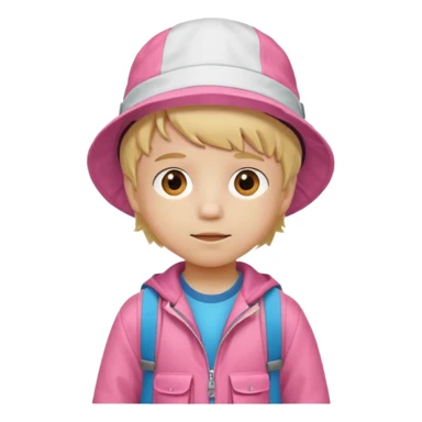 A little boy student white skin, blonde hair, with white bucket hat, orange jacket, pink backpack sticker