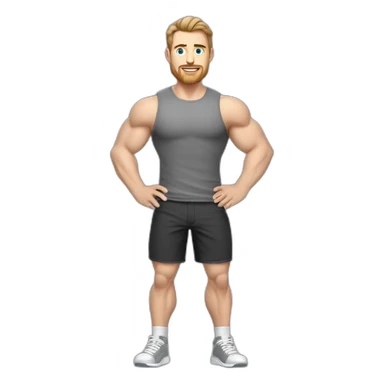 Full height Pale skinned muscular man With Realistic eyes and mouth, light brown hair and stubble In dark gray sleeveless mike, black oversize sports shorts, watch and white sneakers. sticker