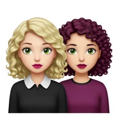 Una chica con el cabello ligeramente ondulado, rubio no tan oscuro, labios en un tono rosa, ojos café y una blusa blanca. Al lado otra chica con el cabello negro rizado, ojos verdes, labios color vino tinto y una blusa negra sticker