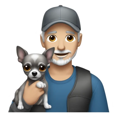 man blue eyes gray hair gray goatee ball cap holding black longhair chihuahua  sticker