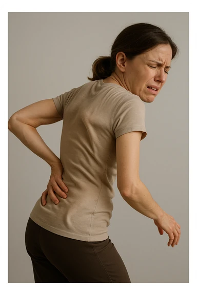 Donna con scoliosi dolorante perchè non ha mobilità a causa di essa sticker