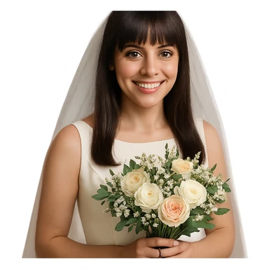 bride with light skin, hazel eyes, brunette straight hair with bangs, holding a bouquet, smiling sticker
