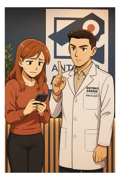 su questo stile fai un manga/webtoon a colori in cui una donna CONTROLLA LO SMARTPHONE MENTRE PARLA CON L'UOMO, l'uomo della foto in stile manga LE DICE DI "NO" CON IL DITO, mantieni un ambiente simile alla foto che ho allegato con il suo logo (sarebbe il suo studio, lui è un kinesiologo), scrivigli "ANTONIO ANANIA" sul camice bianco, non mettere fumetti, ma fai in modo che sembri che la donna CONTROLLI LO SMARTPHONE E L'UOMO CON I GESTI LE FACCIA CAPIRE CHE STA SBAGLIANDO sticker