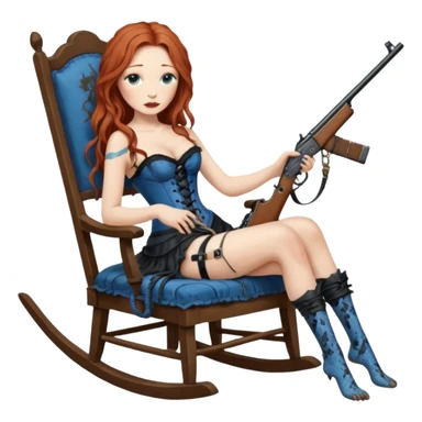 realistic cinematic Tori Amos sits on a rocking chair in a torn corset, holding an antique rifle and her bare feet are muddy. A blue snake is wrapped around the chair. sticker