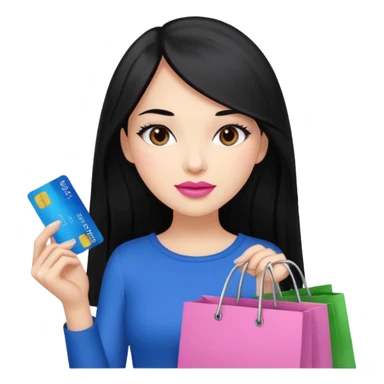 Girl with long black hair, pink lipstick, brown eyes holding shopping bags and blue credit card sticker