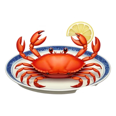 crab on a porcelain platter with lemon  sticker