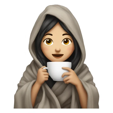 Asian girl wrapped in cozy blanket drinking coffee sticker